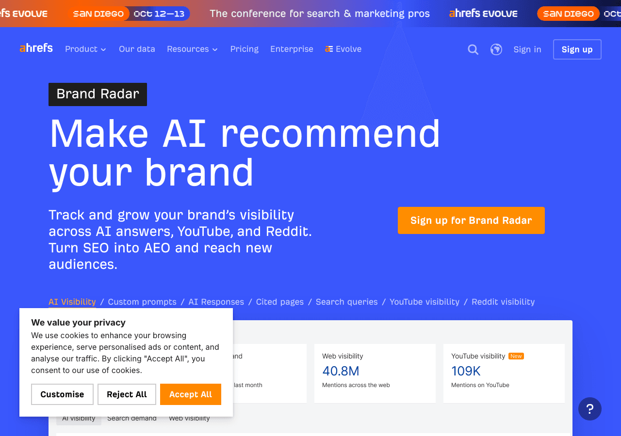 Ahrefs Brand Radar AI visibility homepage