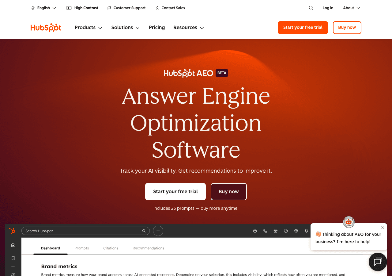HubSpot AEO answer engine optimization software homepage
