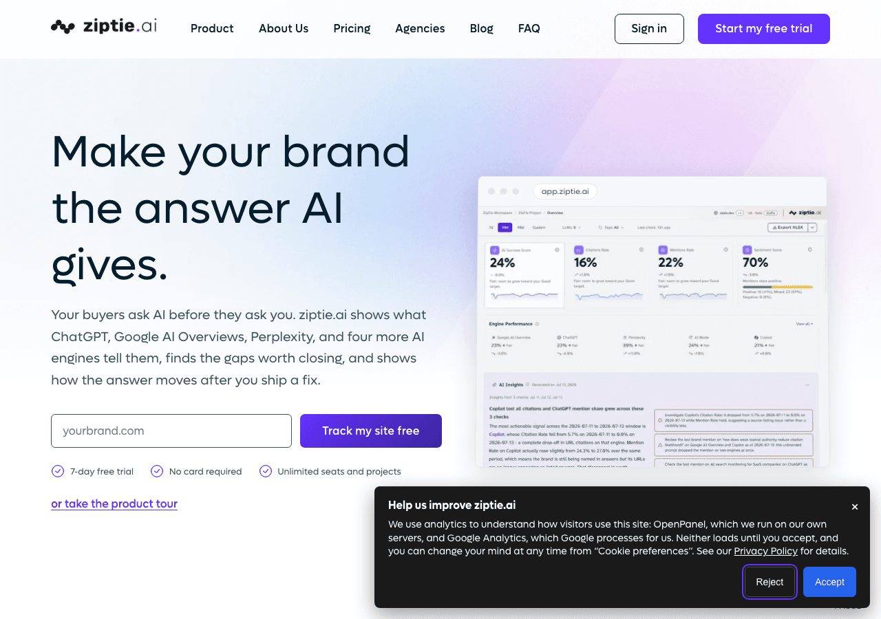 ZipTie AI visibility tracking homepage