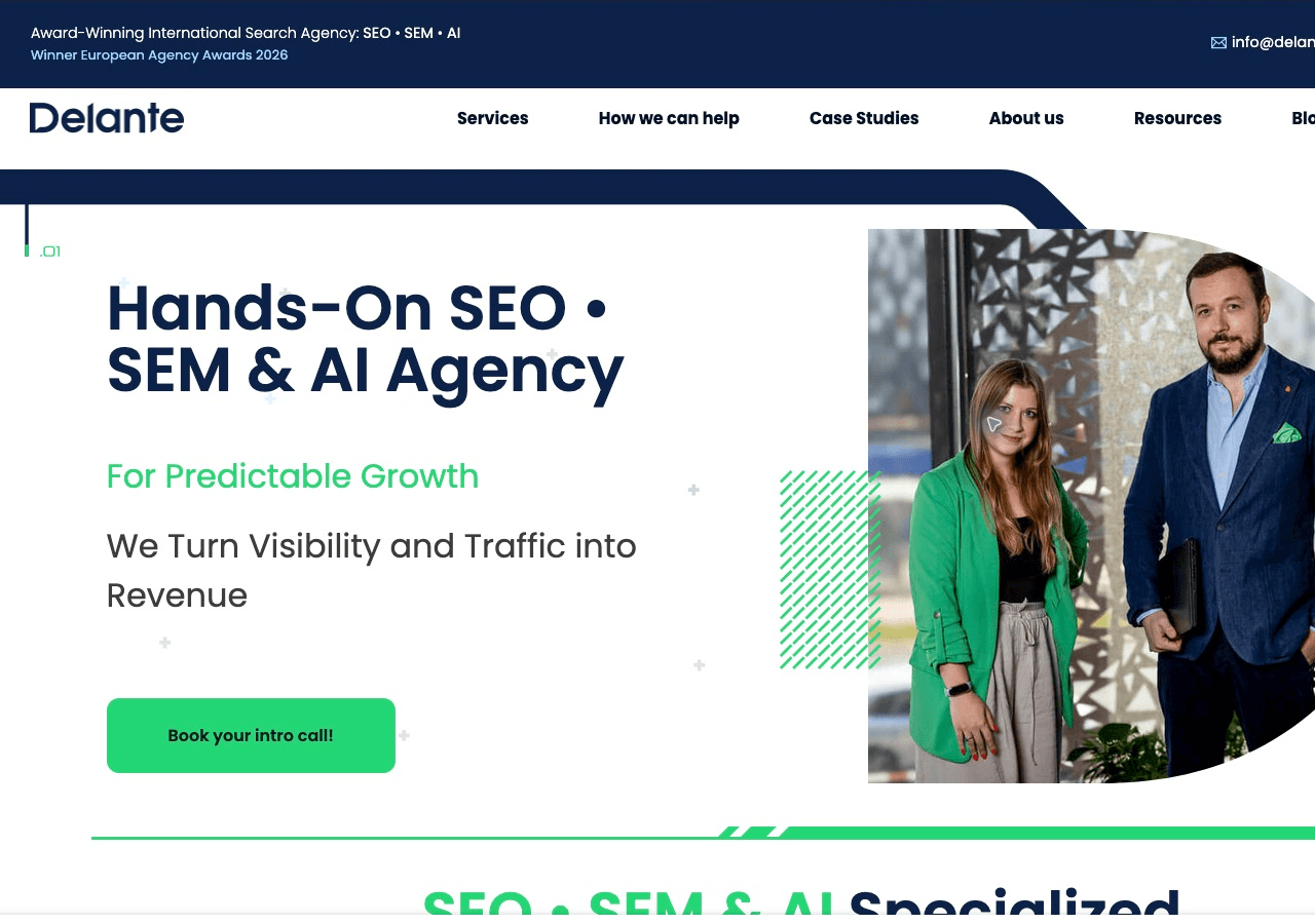 Delante homepage presenting its SEO, SEM, and AI agency services