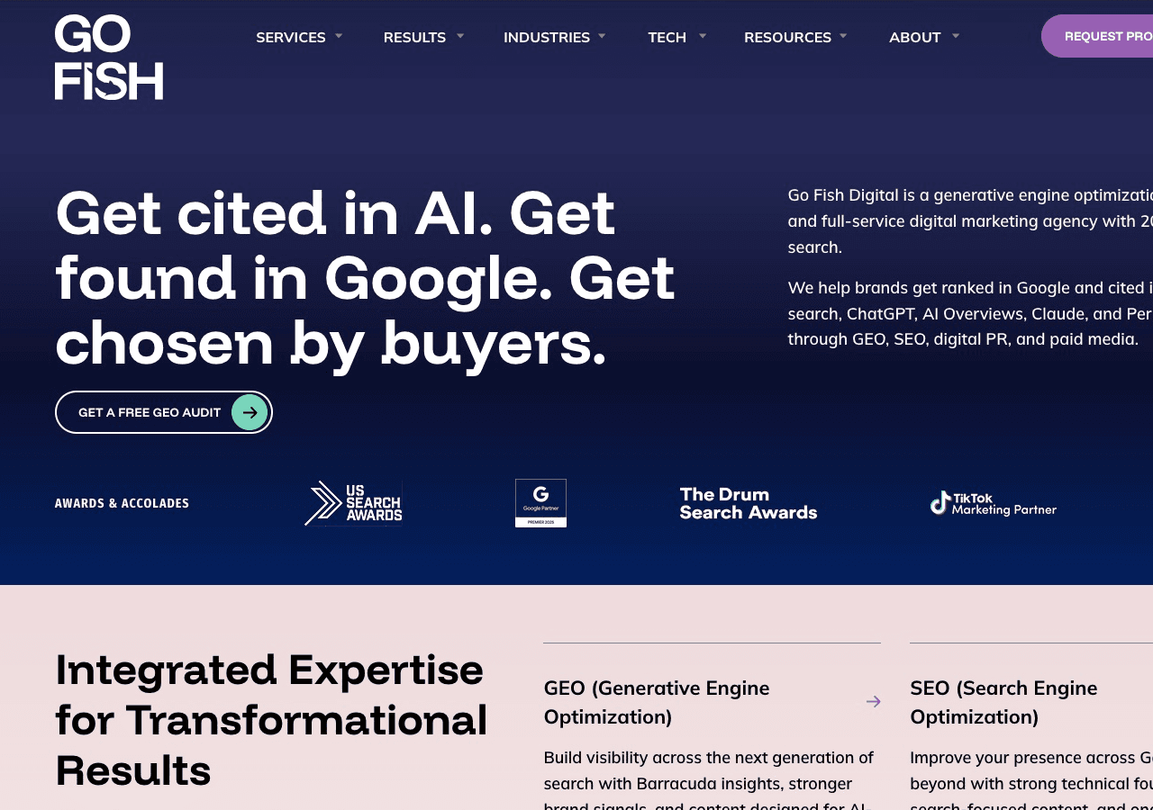 Go Fish Digital homepage presenting its AI search and digital marketing services
