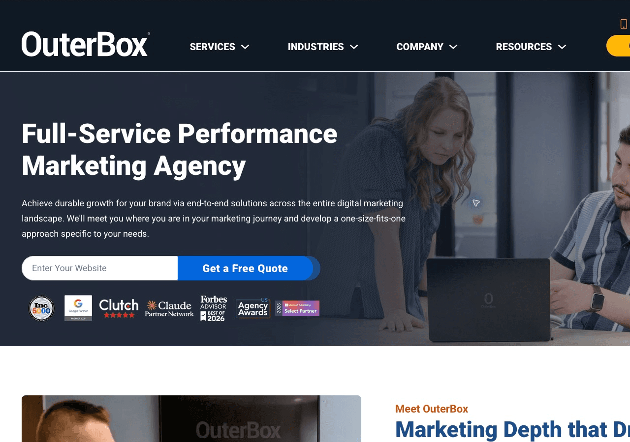 OuterBox homepage presenting its performance marketing agency services