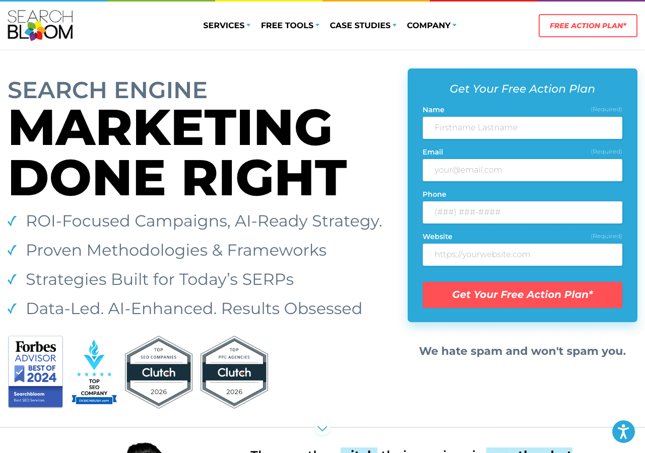 Searchbloom homepage presenting its search engine marketing services