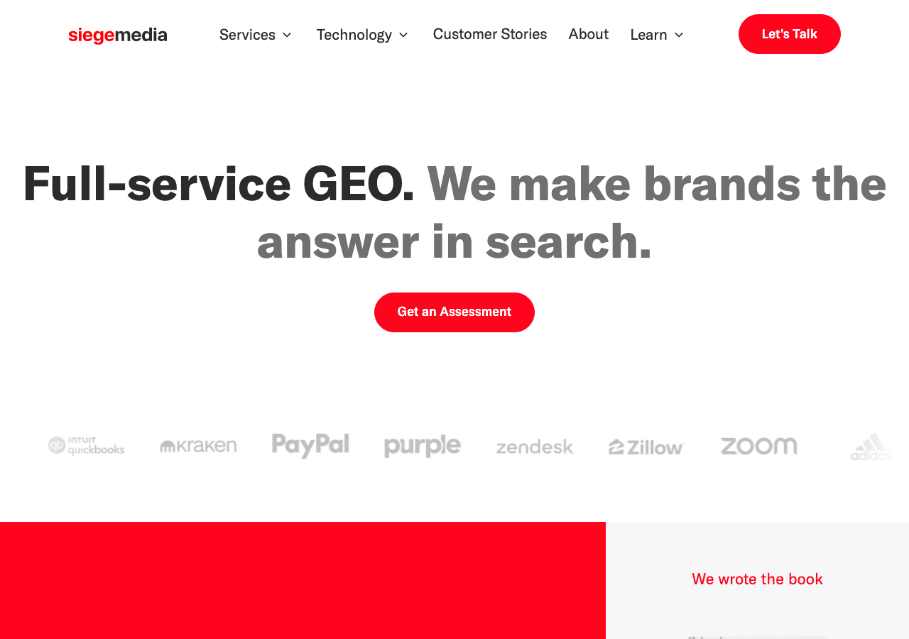 Siege Media homepage presenting its generative engine optimization service
