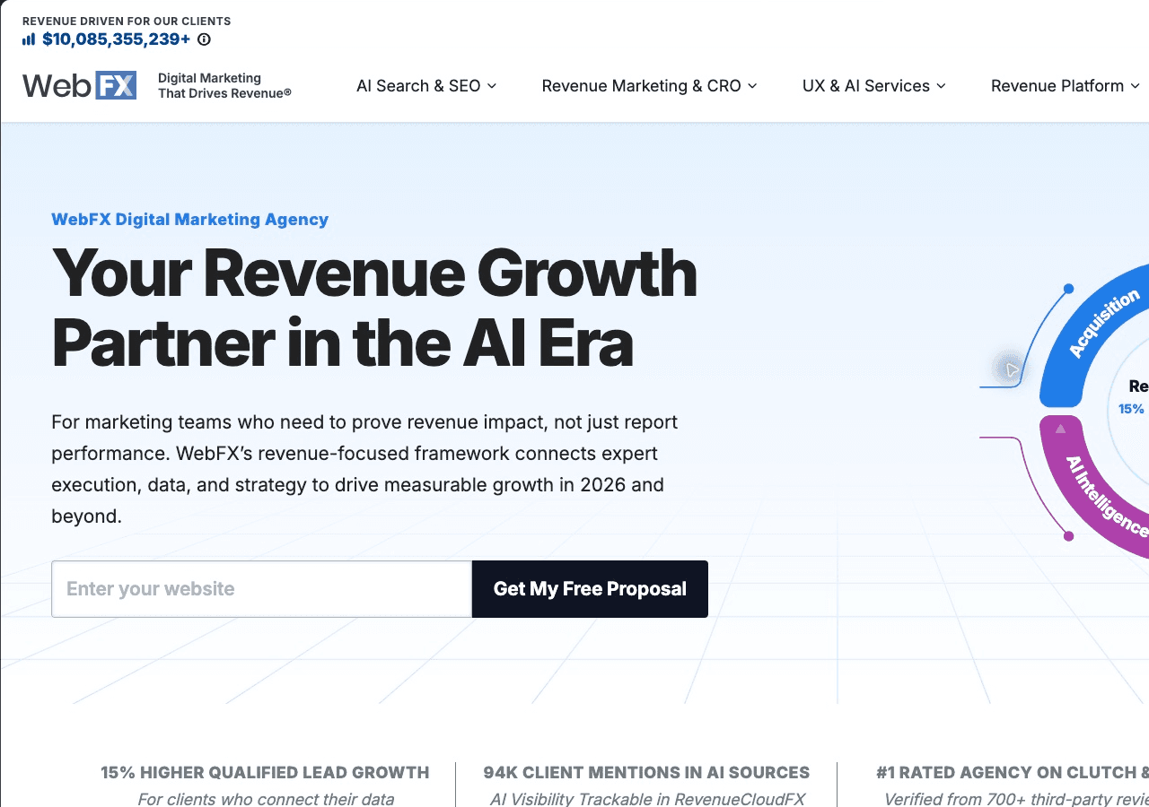 WebFX homepage showing its revenue growth and AI search positioning