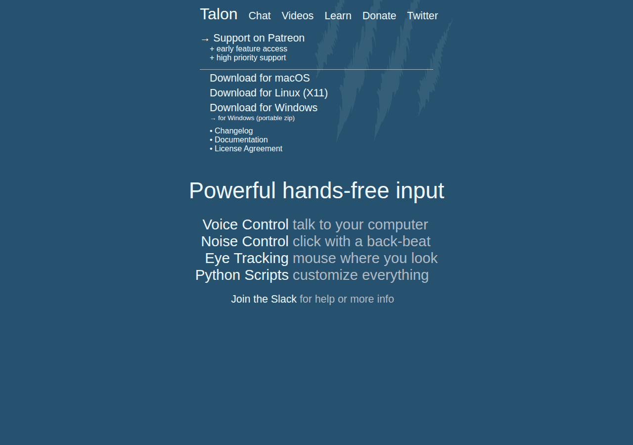 Talon Voice hands-free input homepage
