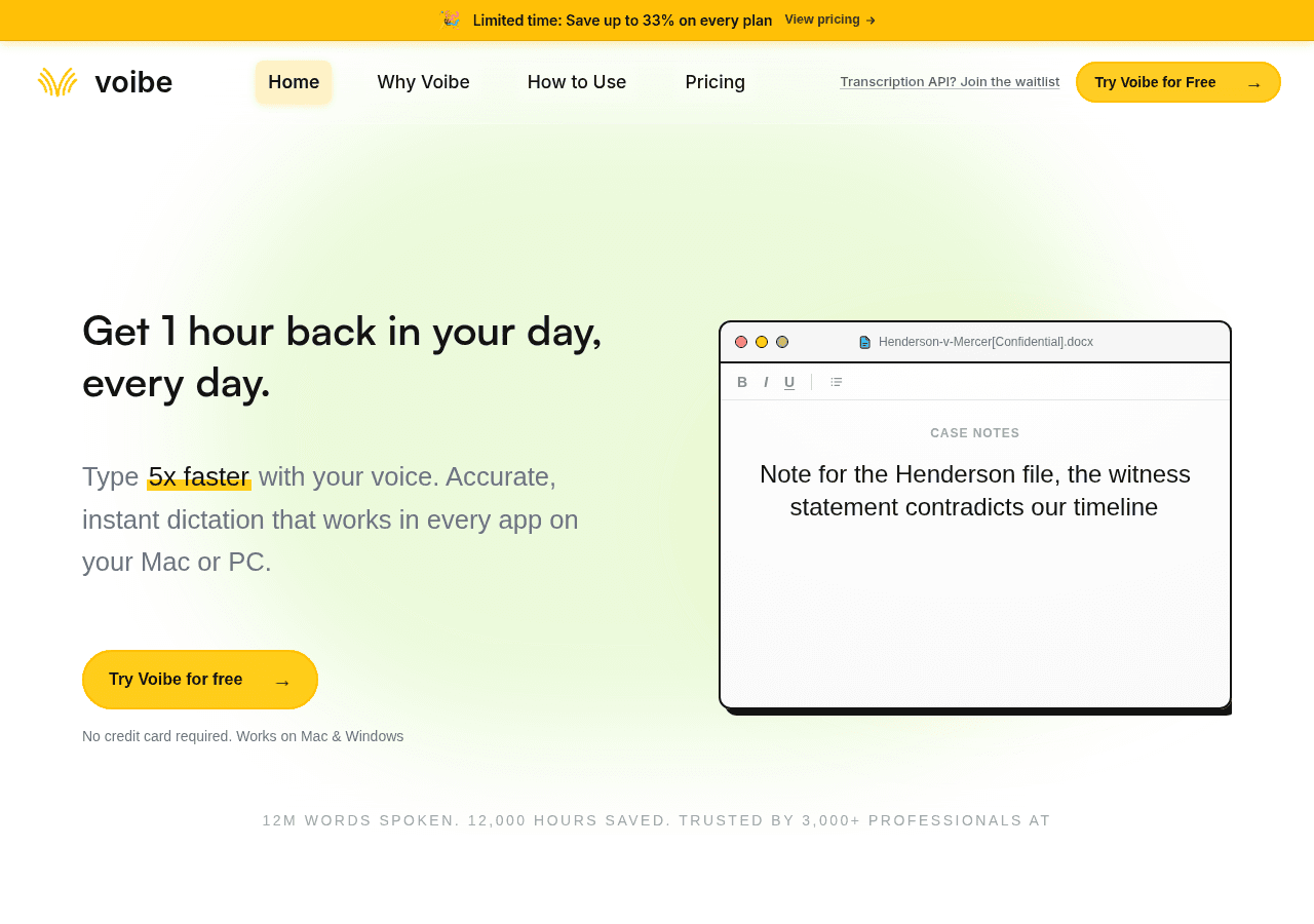 Voibe dictation app homepage