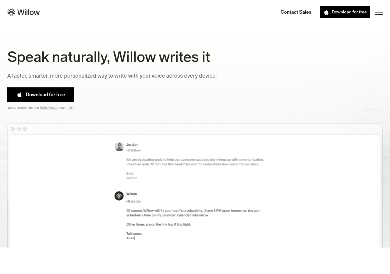 Willow Voice dictation app homepage