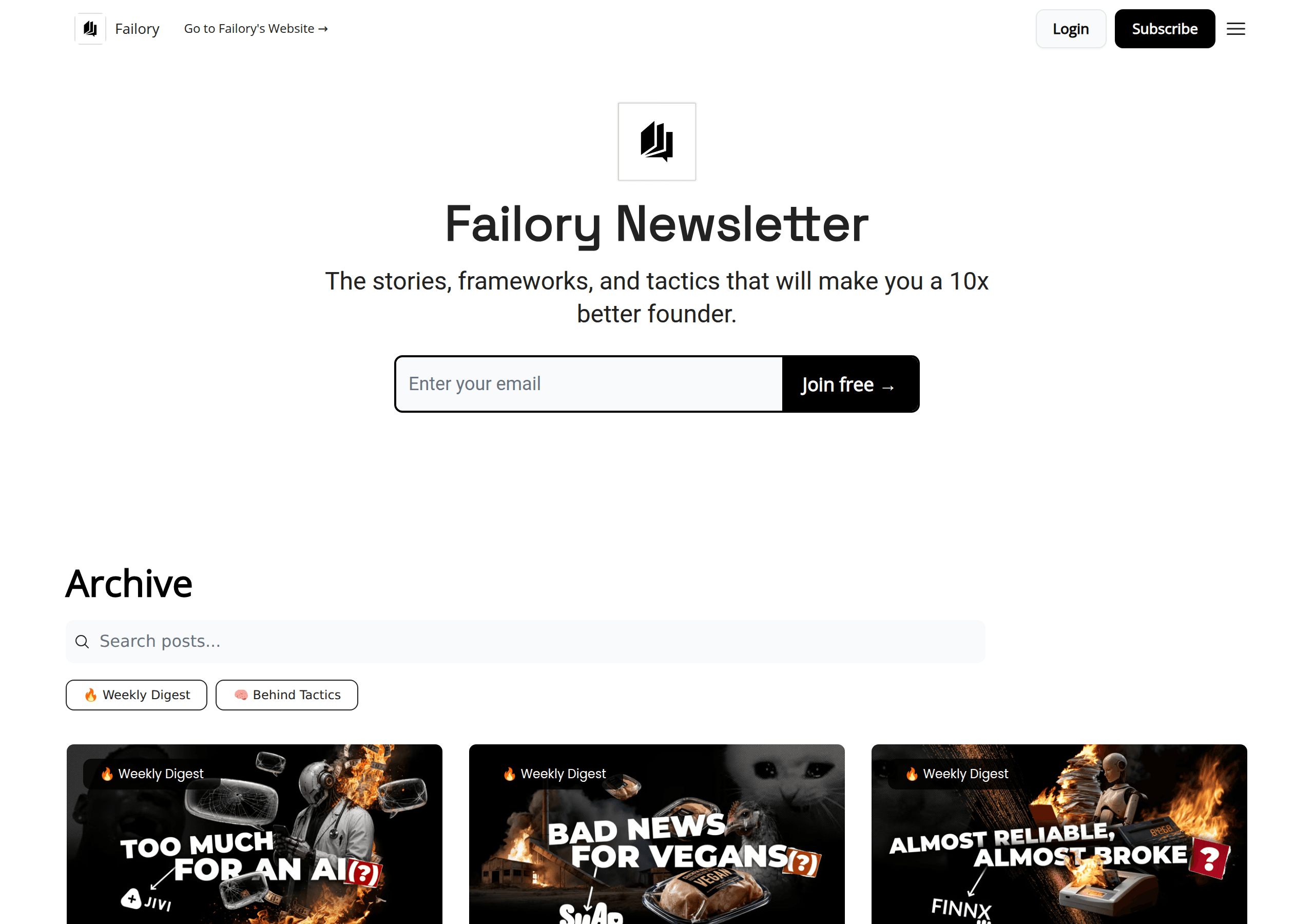 Failory newsletter homepage