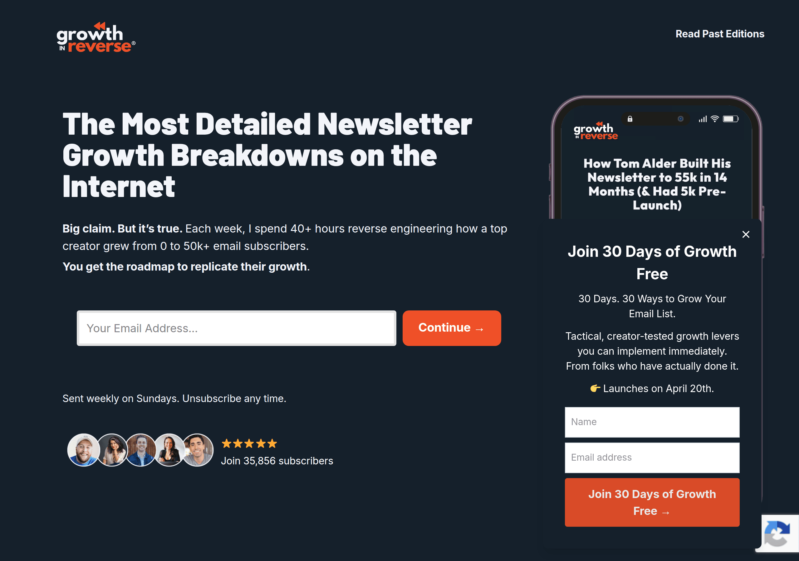 Growth In Reverse newsletter homepage