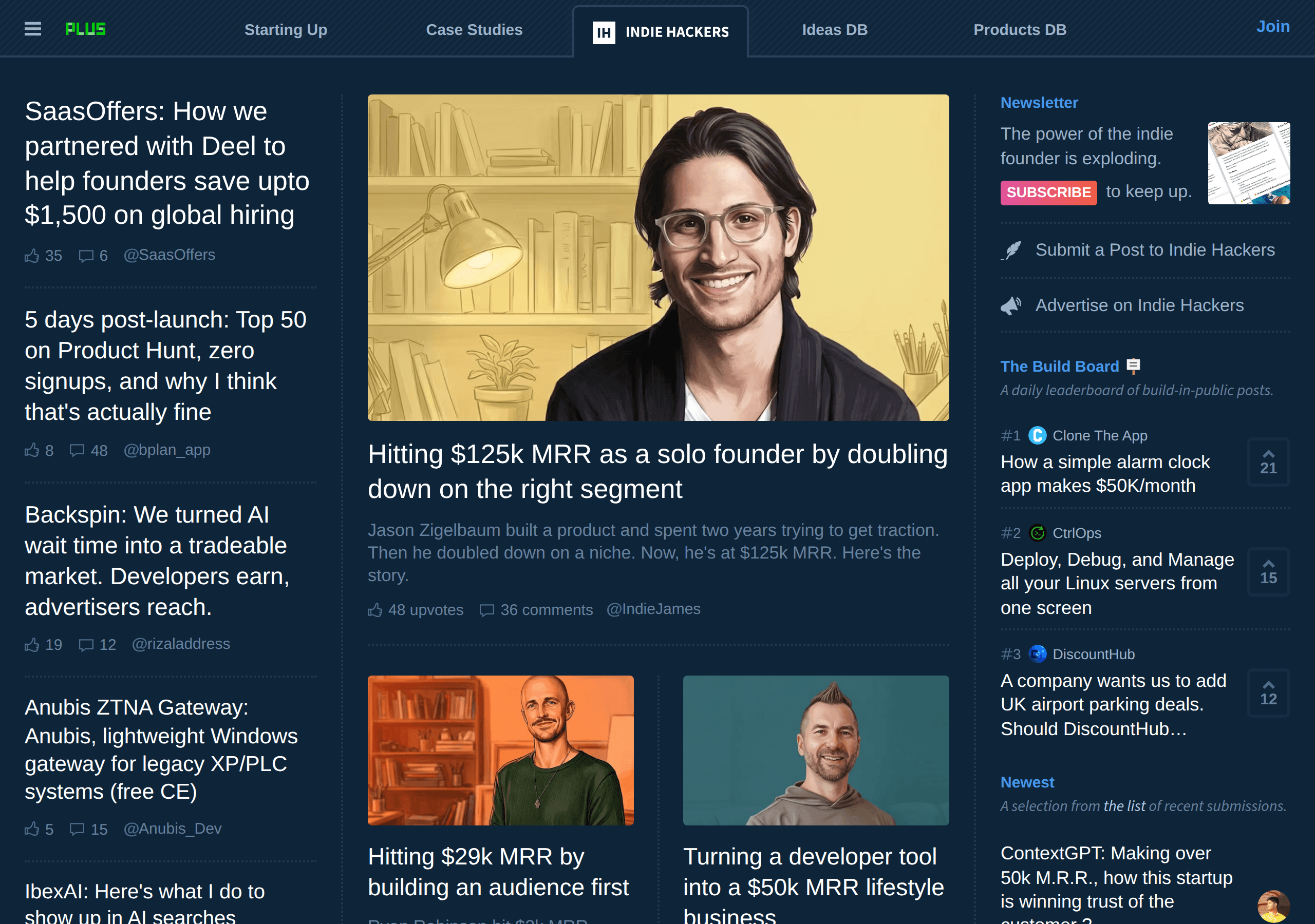 Indie Hackers newsletter homepage