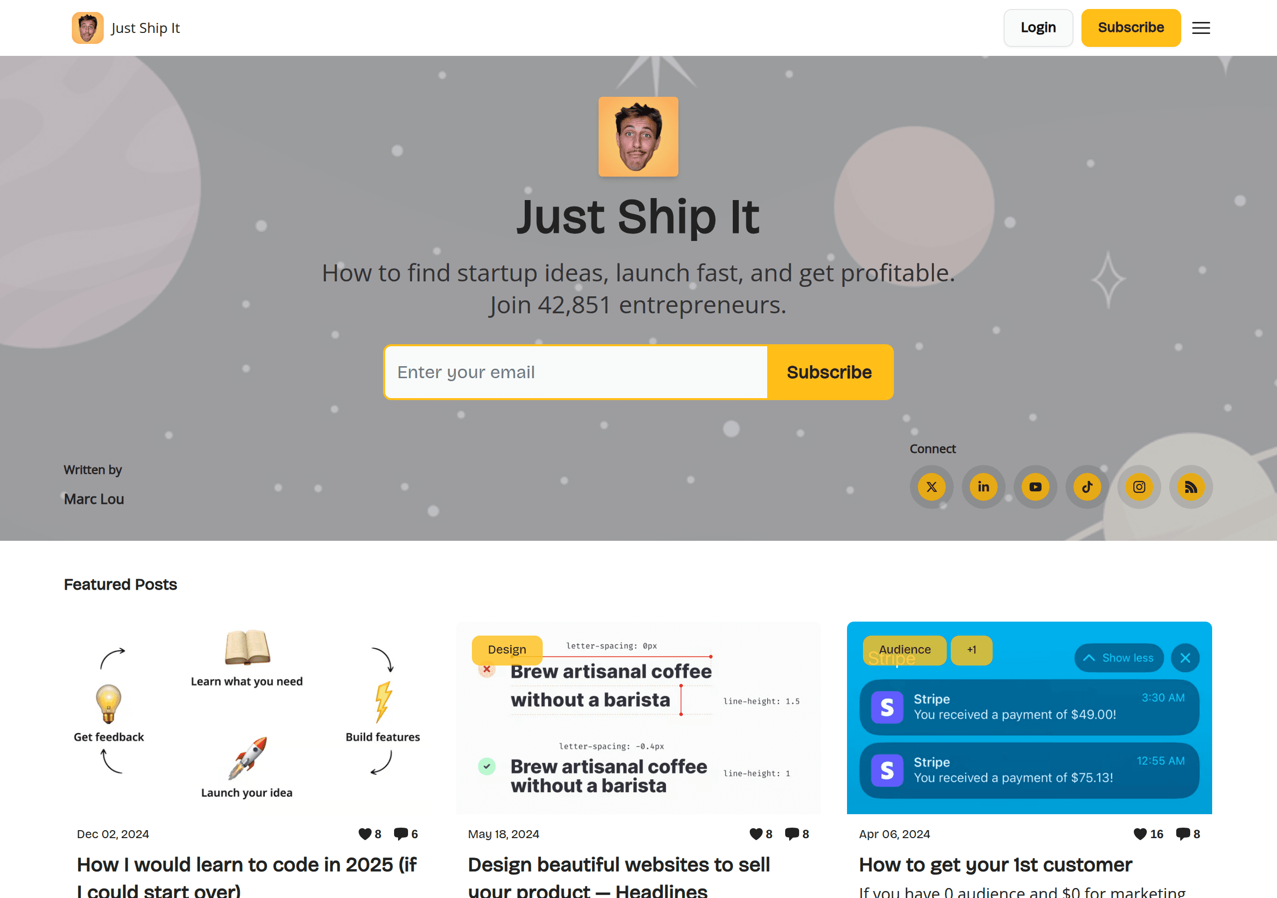 Just Ship It by Marc Lou newsletter homepage