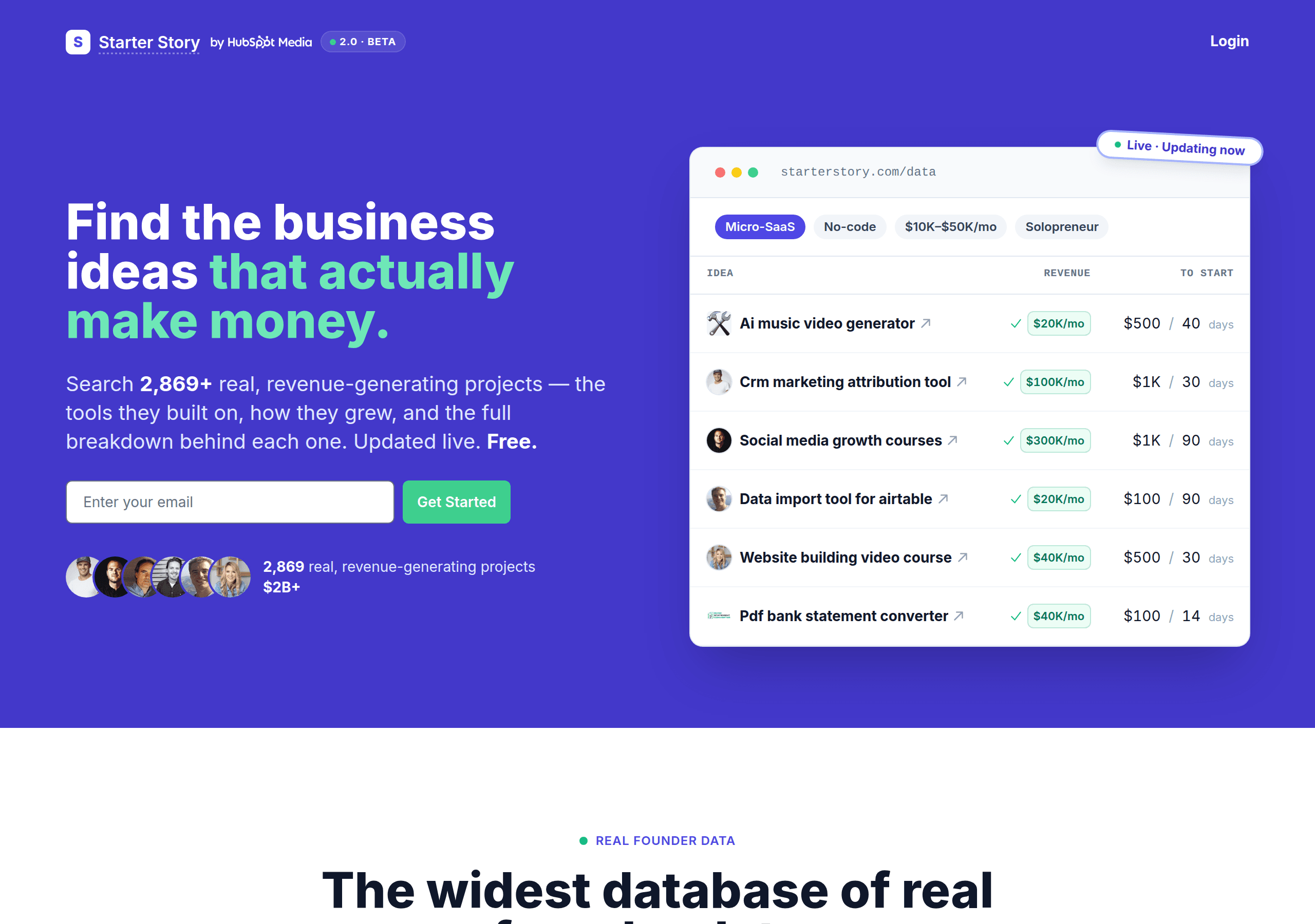 Starter Story newsletter homepage