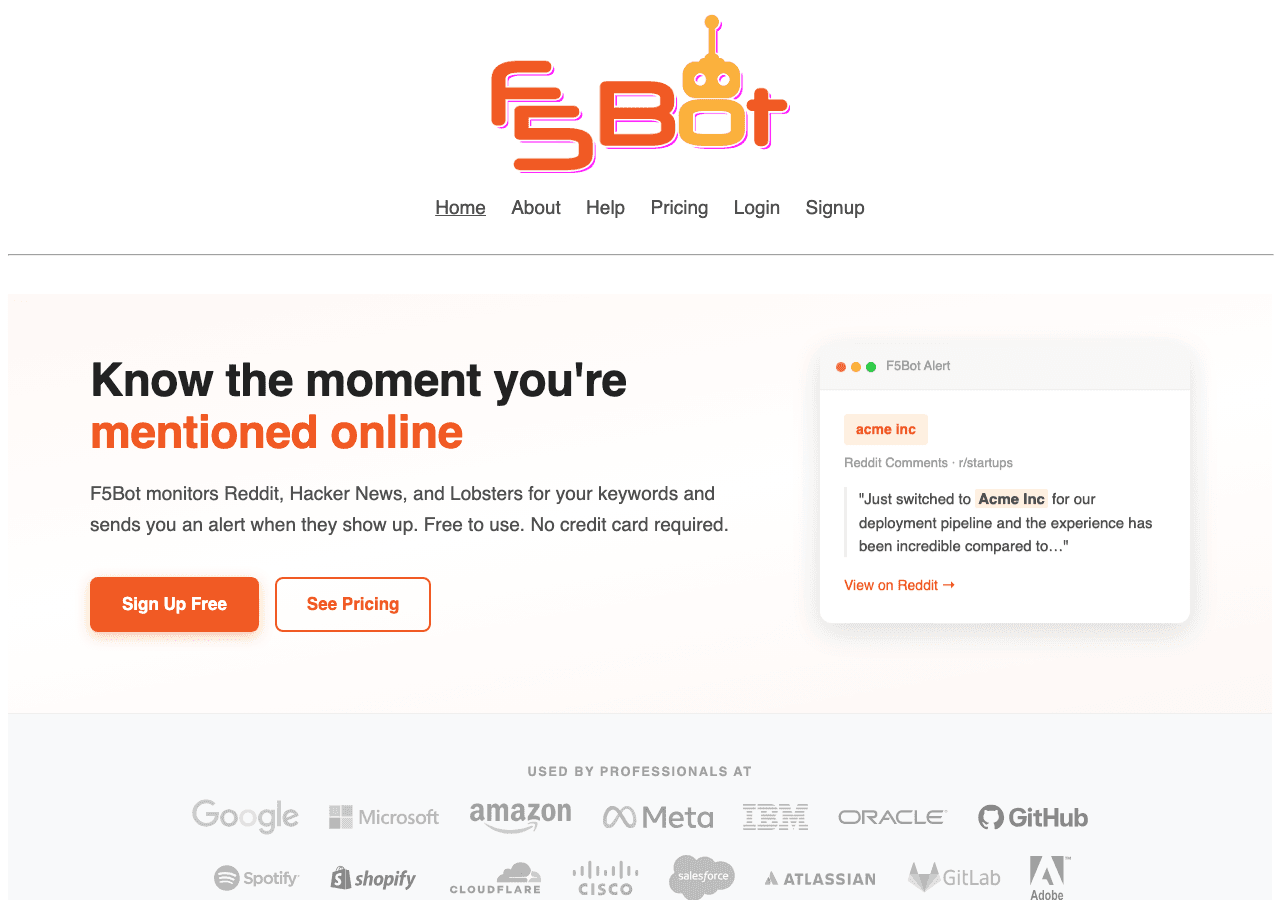 F5Bot homepage showing its keyword mention alert service