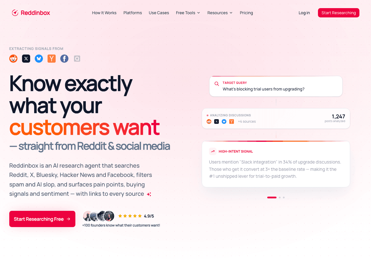 Reddinbox homepage showing its customer research and social media search product
