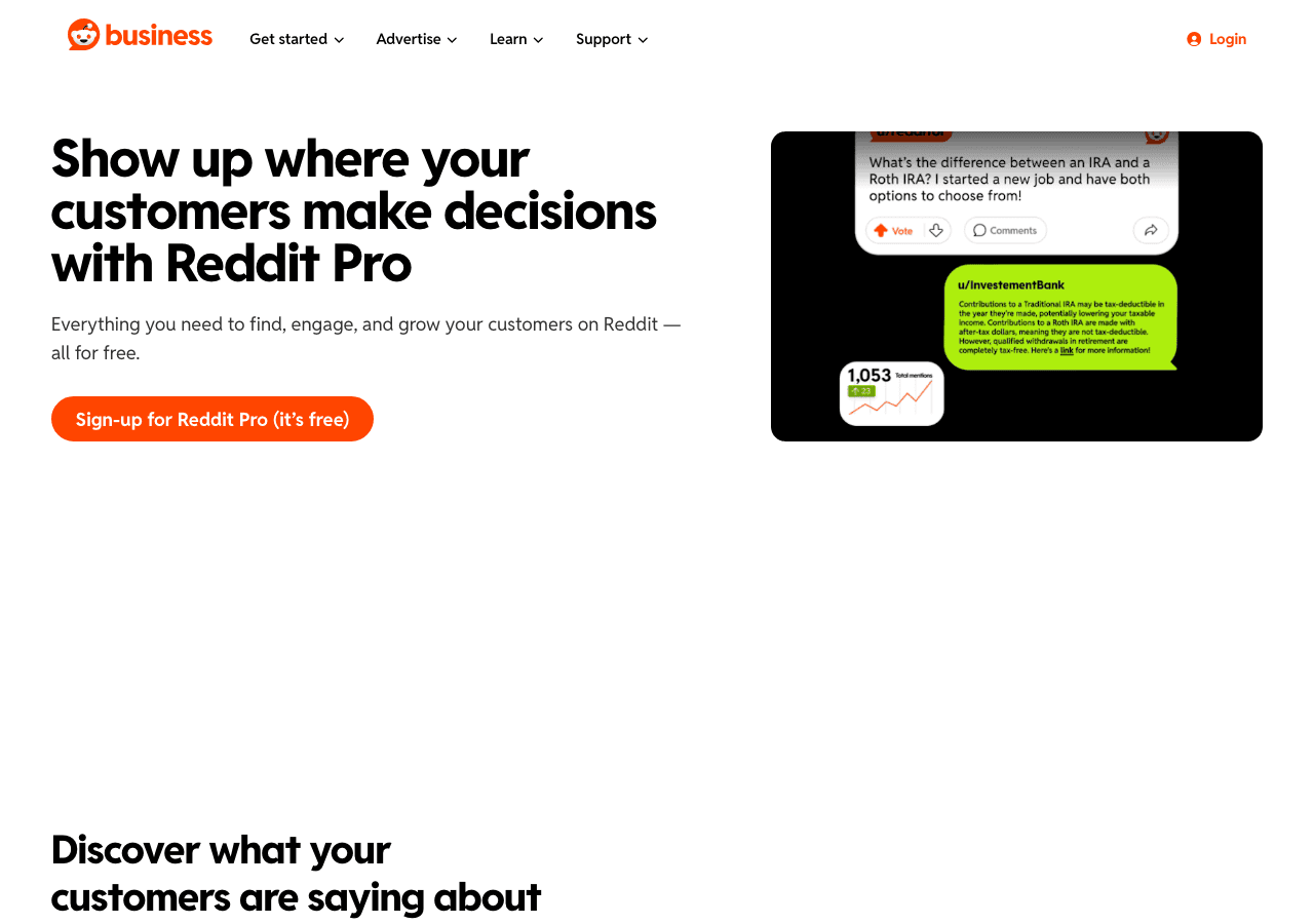 Reddit Pro homepage showing the business suite for finding customer conversations