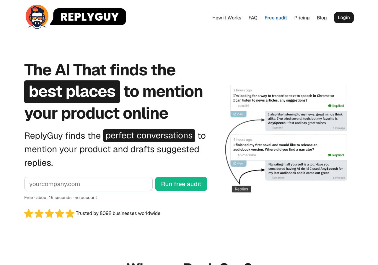ReplyGuy homepage showing its conversation finding and reply drafting product