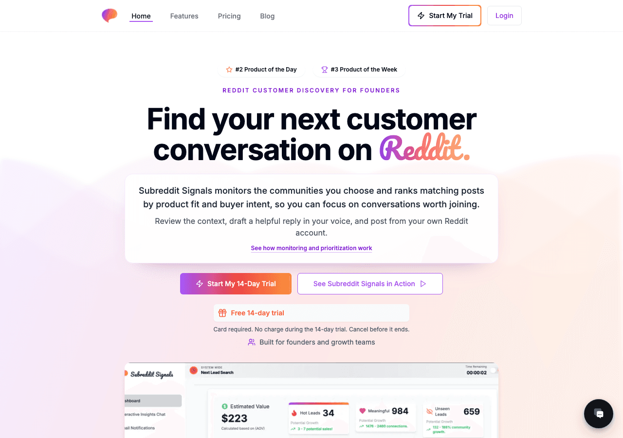 Subreddit Signals homepage showing its Reddit conversation monitoring product