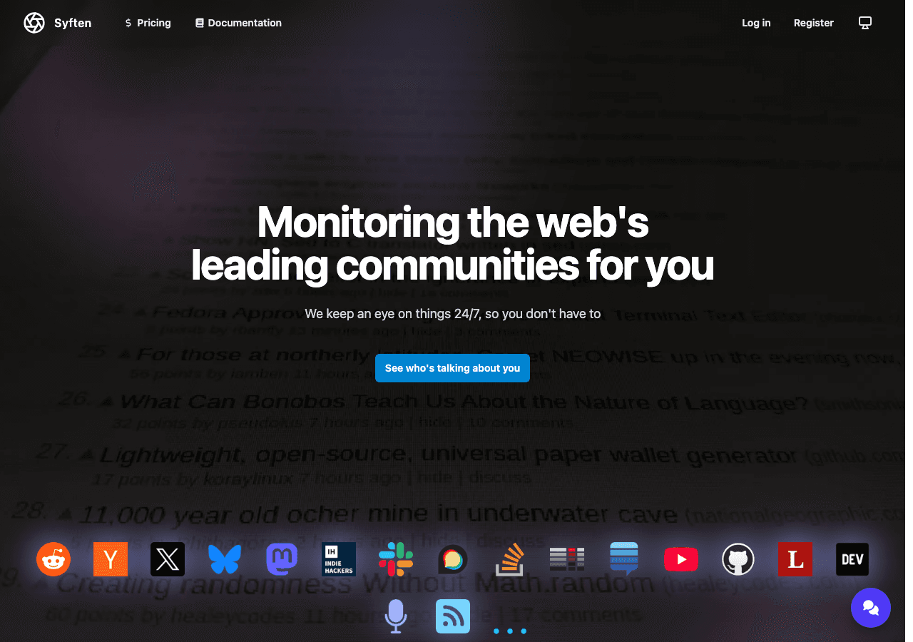 Syften homepage describing community and web monitoring